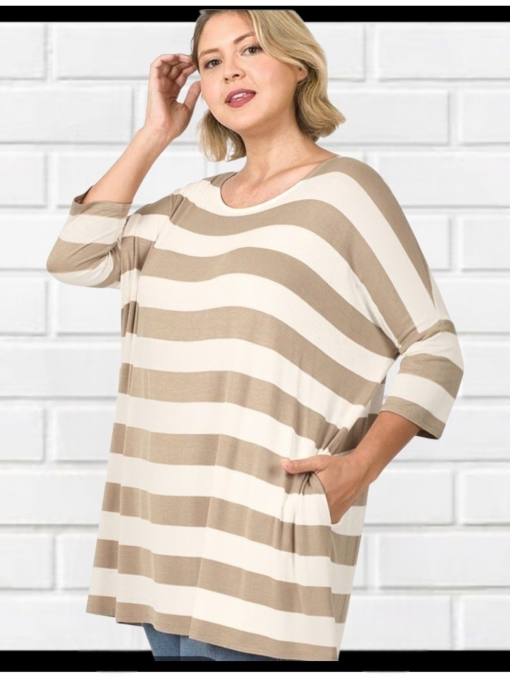 ZENANA Premium Plus 1X Striped Tunic Top Taupe White
